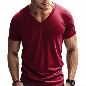 Close-up of men's red V-neck T-shirt showing athletic fit and breathable fabric texture