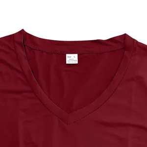 Close-up of V-neck neckline and size label on a maroon men's quick-dry T-shirt