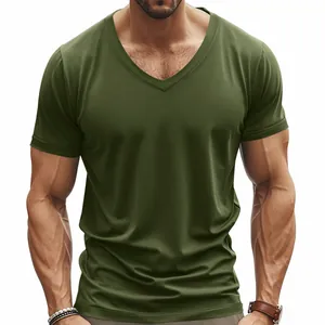 Detail view of men's olive green V-neck athletic T-shirt showing muscular fit