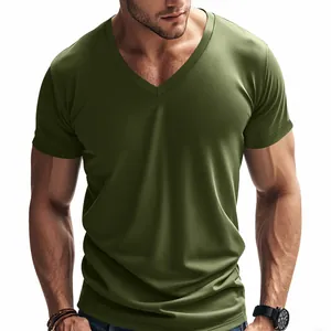 Close-up of olive green slim fit V-neck athletic T-shirt showing muscle definition