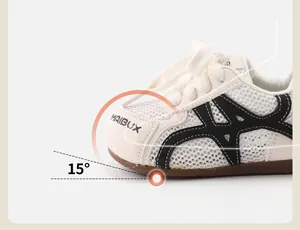 Detail eines atmungsaktiven Baby-Lauflernschuhs mit ergonomischem 15-Grad-Zehenlift