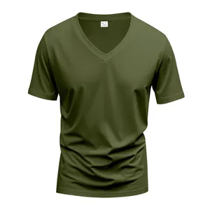 Close-up of olive green men's V-neck quick-dry athletic T-shirt showing fabric texture