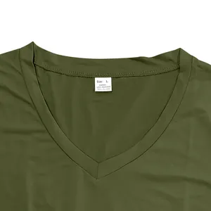Close-up detail of the V-neck collar on a men's army green quick-dry sport T-shirt