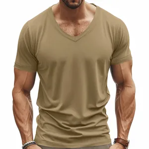 Detail view of men's breathable khaki V-neck quick-dry athletic t-shirt.