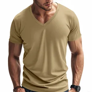 Close-up view of men's casual V-neck T-shirt in khaki showing the athletic fit and fabric