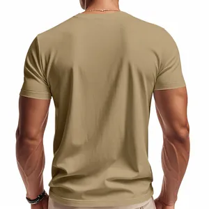 Back view of men's athletic khaki V-neck t-shirt in breathable quick-dry fabric