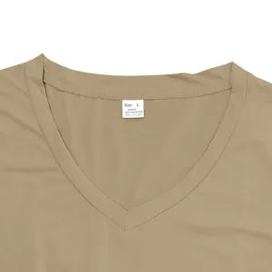 Close-up of khaki V-neck quick-dry T-shirt showing collar detail and care label