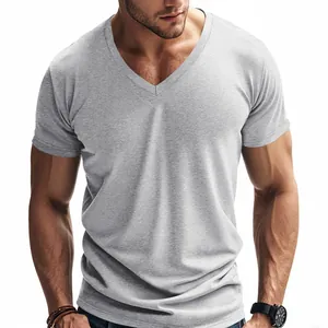 Athletic build man wearing a breathable grey V-neck short-sleeved casual T-shirt