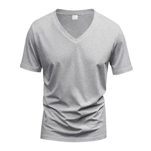 Macro view of a grey men's V-neck quick-dry athletic T-shirt showing fabric texture