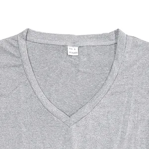 Detail of gray V-neck T-shirt showing fabric texture and inner neck size label.