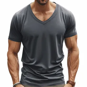 Close-up of men's athletic grey V-neck t-shirt highlighting fit and muscle definition.