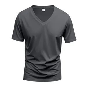 Detail view of a men's dark grey V-neck quick-dry athletic short sleeve T-shirt.