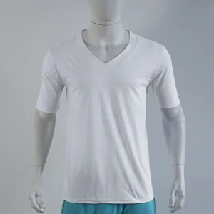 Close-up detail of the breathable V-neck collar on a white men's quick-dry sports T-shirt