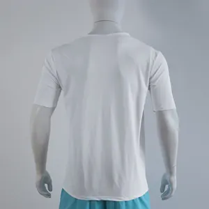 Detailed back view of a white quick-dry V-neck athletic T-shirt shown on a mannequin