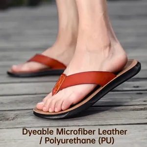 Tongs décontractées en cuir microfibre marron pour hommes avec semelle souple en PU