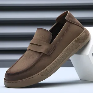 Men Genuine Leather Casual Loafers Slip On Thick Sole Moccasins Breathable Vintage Solid Color Cowhide Retro Fashion Flat Shoes
