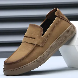 Classic men's brown leather loafers with thick soles and a stylish retro slip-on design.