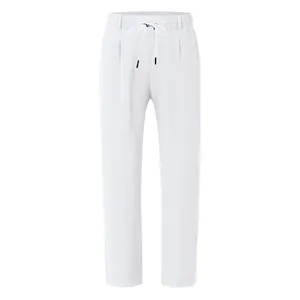 Detailed front view of white loose-fit linen blend drawstring casual trousers for men
