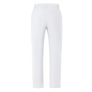 Back view detail showing the textured fabric of white wide-leg linen trousers for men