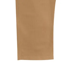 Close-up detail of the hem and fine stitching on men's khaki linen casual trousers.
