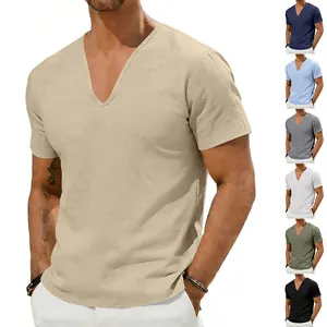Detail view of men's loose linen T-shirt with deep V-neck and vertical color variants