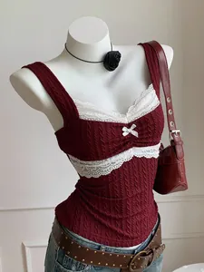 Women Y2K Cami Top Burgundy Black Knit Lace Trim Bow Decoration Slim Fit Sleeveless Summer Top Casual Streetwear Vest