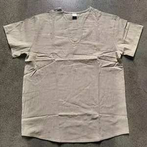 T-shirt décontracté en lin pour hommes à manches courtes et col en V profond, kaki.