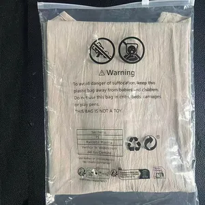 Detail of men's linen V-neck T-shirt in protective plastic packaging with warning label.