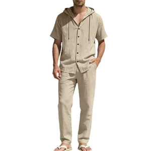 Men's casual beige linen two-piece set featuring a hooded short-sleeve shirt and straight pants.