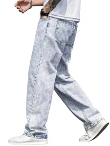 Trendy men's loose fit straight leg jeans in sky blue acid wash denim for all seasons