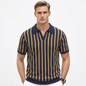 Men Business Casual Knitted Striped Polo Shirt Short Sleeve Viscose Pullover Summer Vertical Stripe V Neck Polo Top