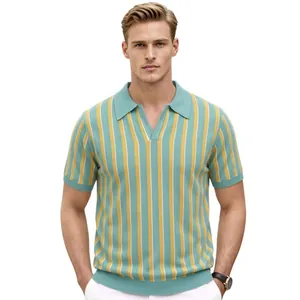 Professional studio shot of a men's summer knit polo shirt with yellow and mint stripes