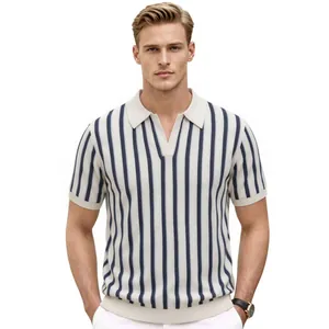 Men's vertical striped knit polo shirt with casual short sleeves and v-neck design