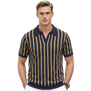 Stylish men's vertical striped knit polo shirt in navy and gold for summer casual wear.