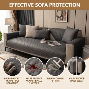 Detail view of waterproof tech-cloth sofa cover showing pet scratch and spill protection