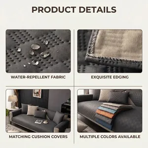Detailed views of waterproof tech fabric sofa cover with edging and matching cushions.