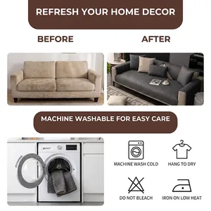 Detail showing machine washable care instructions and before-after sofa cover refresh effect