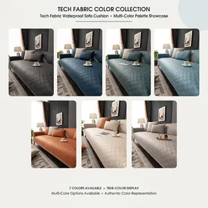 Collection of tech fabric sofa cushions in 7 different colors showing waterproof texture.