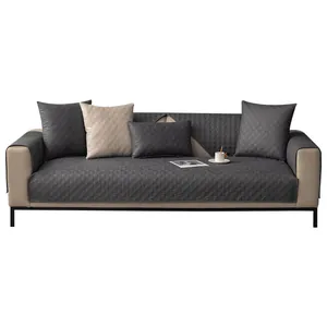 Modern waterproof tech cloth sofa cover set with grey textured anti-slip cushions