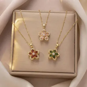 Rotating Flower Pendant Necklace For Women Titanium Steel Copper Zirconia Inlaid Fashion Commuting Jewelry Gift