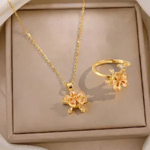Rotating Zirconia Flower Jewelry Set Stainless Steel Necklace Adjustable Open Ring For Women Elegant Botanical Accessories