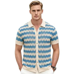 Men's Knitted Polo Shirt Viscose Fiber Short Sleeve Pointelle Mesh Breathable Wavy Striped Button Up Cardigan Casual Summer Top