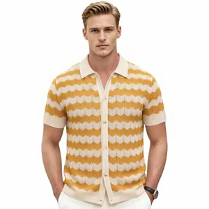 Premium men's mesh knit Polo shirt with yellow zigzag stripes and button-down front