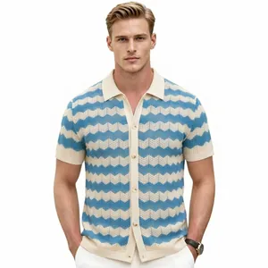 Men's short sleeve knit polo cardigan with blue and white wavy stripes