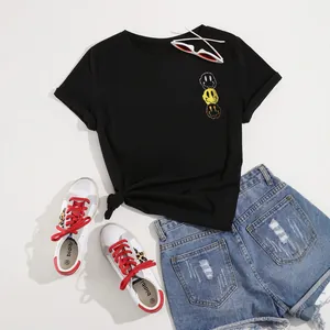 Schwarzes Damen T-Shirt aus 100% Baumwolle mit kreativem Smiley-Gesicht-Aufdruck