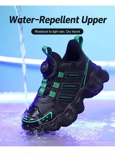 Detail of water-repellent children's rotary buckle sneaker showing splash-proof upper.