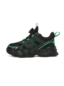 Side view of children's breathable running shoes with quick-adjust rotary buckle