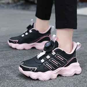 Breathable children's sports sneakers with rotary buckle in black and pink stylish design