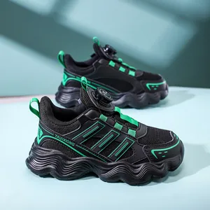 Children's breathable mesh running shoes with rotary buckle in black and green