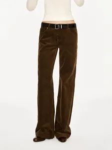 Pantalon en velours côtelé marron rétro pour femme avec ceinture noire accessoire